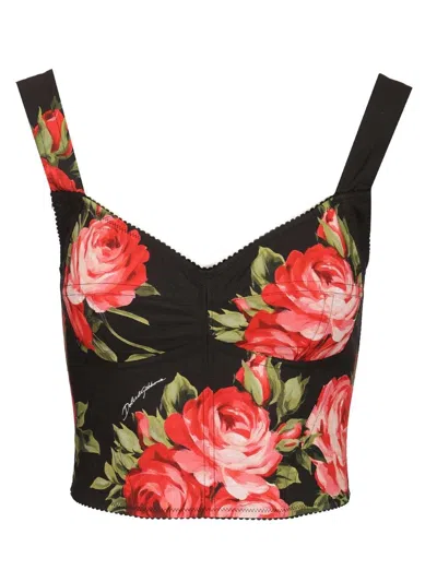 Dolce & Gabbana Top Nero In Seta Con Stampa Floreale Dolce E Gabbana In Black