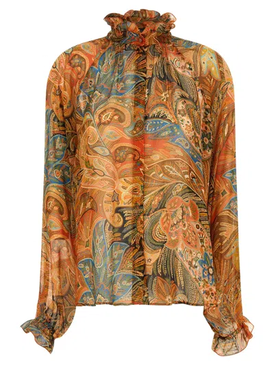 Etro Sheer Chiffon Shirt Paisley Ruffle Neckline In Multi