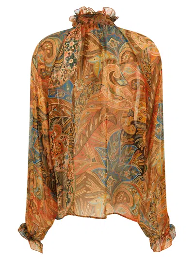 Etro Sheer Chiffon Shirt Paisley Ruffle Neckline In Multi