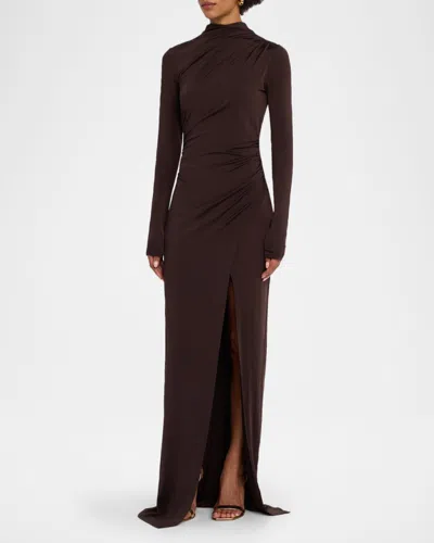 Lapointe Ruched Mock-neck Jersey Column Gown In Brown