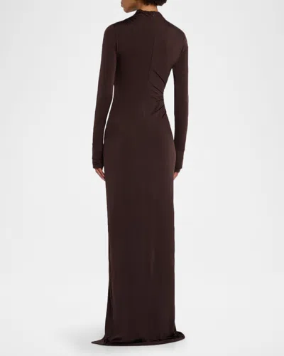 Lapointe Ruched Mock-neck Jersey Column Gown In Brown