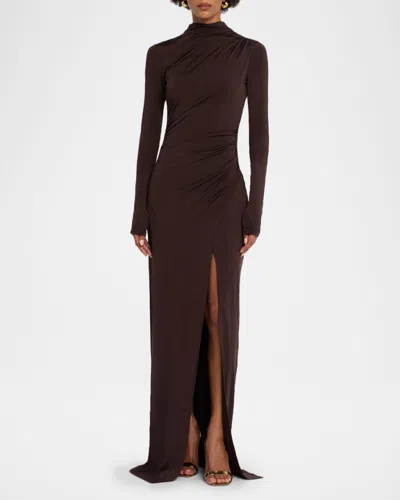 Lapointe Ruched Mock-neck Jersey Column Gown In Brown