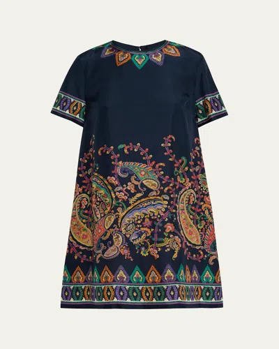 Etro Women Blue Paisley-print Habotai Silk Tunic Short Dress In Multi