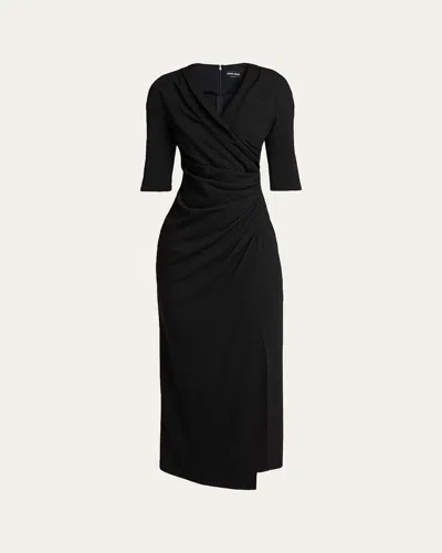 Giorgio Armani Elbow-sleeve Draped Crepe Slit Midi Dress In Black