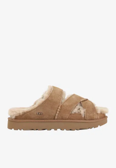 Ugg Chestnut Suede Greenport Cross Strap Sandals In Brown