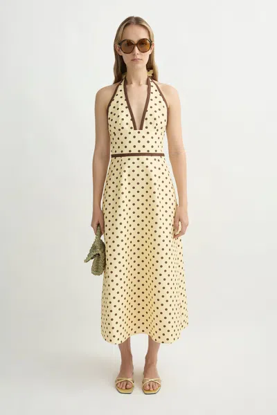 Posse Bowie Polka-dot Linen And Cotton-blend Halterneck Midi Dress In Yellow