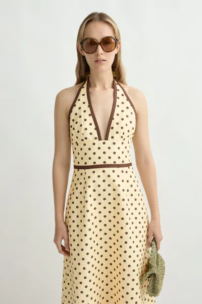 Posse Bowie Polka-dot Linen And Cotton-blend Halterneck Midi Dress In Yellow