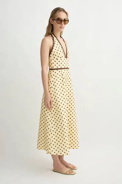 Posse Bowie Polka-dot Linen And Cotton-blend Halterneck Midi Dress In Yellow