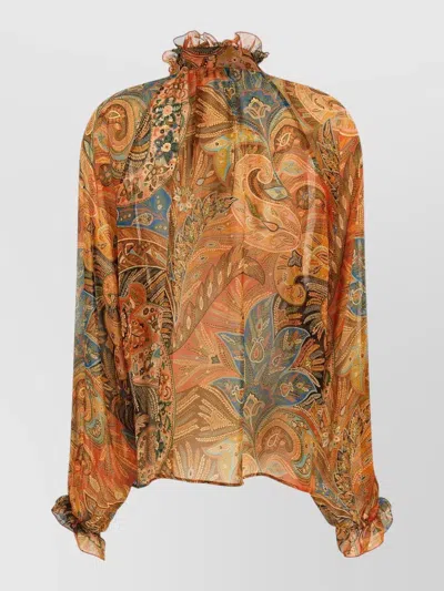 Etro Sheer Chiffon Shirt Paisley Ruffle Neckline In Orange
