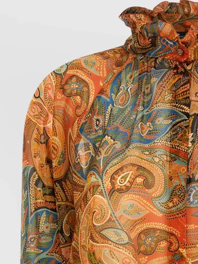 Etro Sheer Chiffon Shirt Paisley Ruffle Neckline In Orange