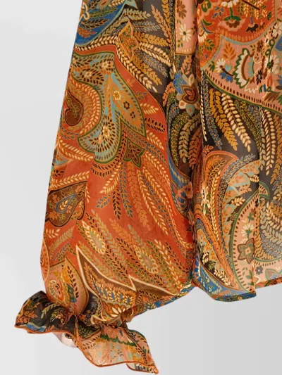 Etro Sheer Chiffon Shirt Paisley Ruffle Neckline In Orange
