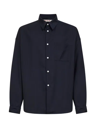 Marni Tropical Wool Shirt Button Down Collar In Blue
