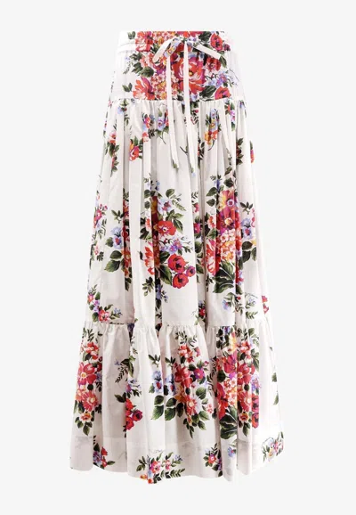 Dolce & Gabbana White Long Skirt With Floral Print And Elasticated Waistband In Cotton Woman