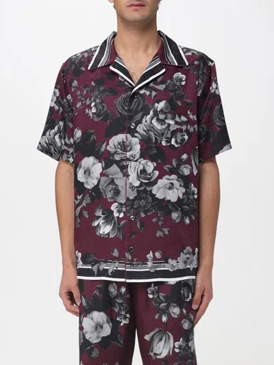 Dolce & Gabbana Bouquet Fiori Short Sleeve Notched Collar Shirt In Burgundy