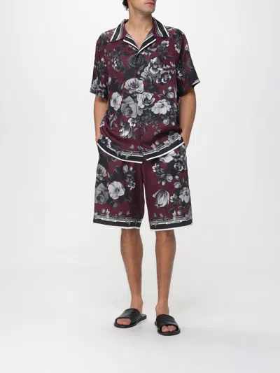 Dolce & Gabbana Bouquet Fiori Short Sleeve Notched Collar Shirt In Burgundy