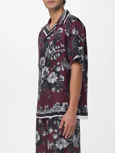 Dolce & Gabbana Bouquet Fiori Short Sleeve Notched Collar Shirt In Burgundy