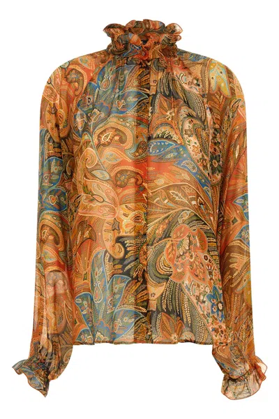 Etro Sheer Chiffon Shirt Paisley Ruffle Neckline In Multi