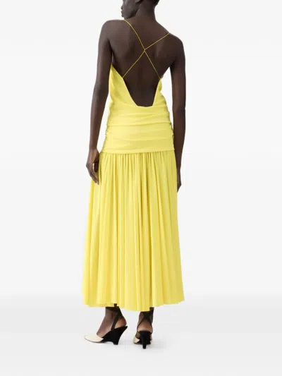 Jacquemus Yellow Dress With Straight Neckline And Gathered Waist In Tech Fabric Woman In Yellow