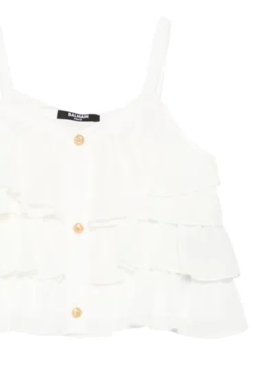 Balmain Ruffled Buttoned Top In White