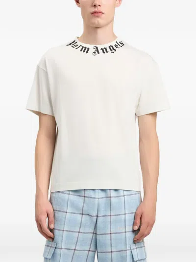 Palm Angels Black Neck Logo Regular Cotton T-shirt In White