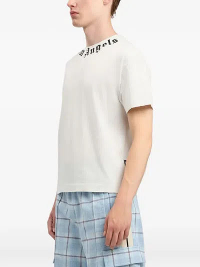 Palm Angels Black Neck Logo Regular Cotton T-shirt In White