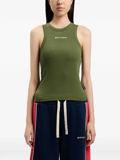 Palm Angels Logo Rib Tank Top Sleeveless Design In Green