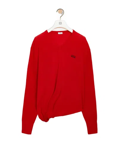 Loewe Asymmetric Draped Embroidered Wool-blend Sweater In Red