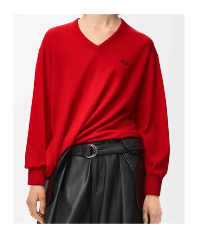 Loewe Asymmetric Draped Embroidered Wool-blend Sweater In Red