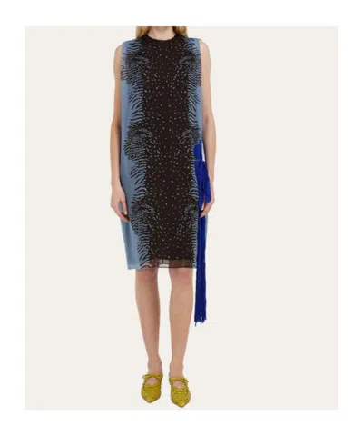 Ferragamo Cuttle Fish Print Silk Sleeveless Shift Dress In Blue