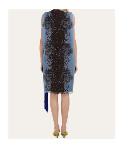 Ferragamo Cuttle Fish Print Silk Sleeveless Shift Dress In Blue