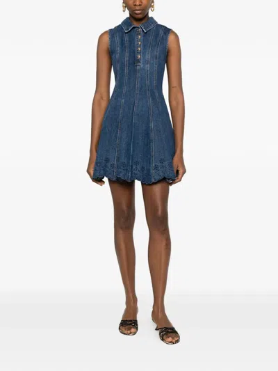 Self-portrait Paneled Broderie Anglaise Denim Mini Dress In Blue