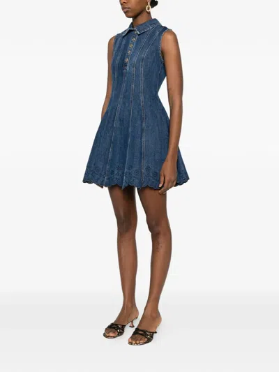 Self-portrait Paneled Broderie Anglaise Denim Mini Dress In Blue