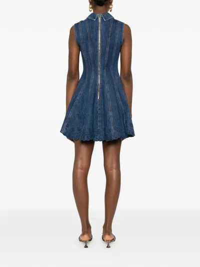 Self-portrait Paneled Broderie Anglaise Denim Mini Dress In Blue