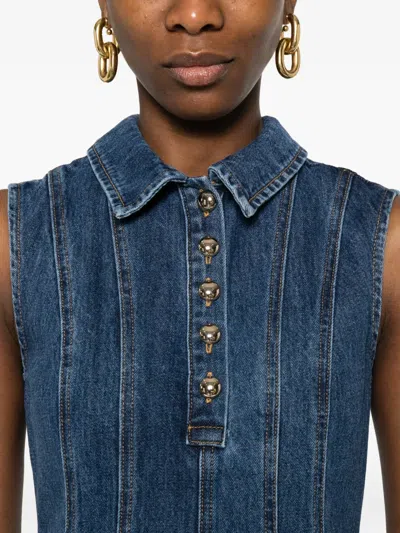 Self-portrait Paneled Broderie Anglaise Denim Mini Dress In Blue