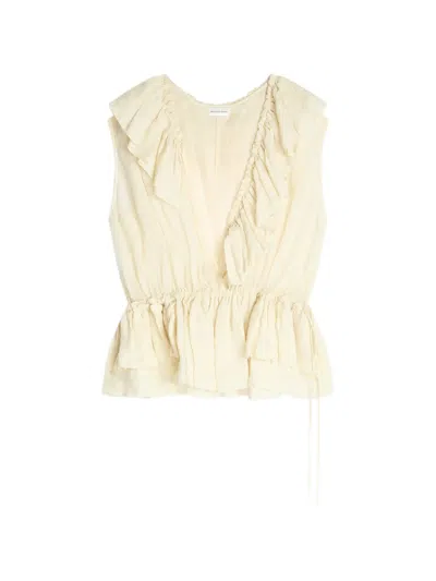 Dries Van Noten Sleeveless Top Elastic Waist Ruffled Neckline In White