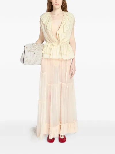 Dries Van Noten Sleeveless Top Elastic Waist Ruffled Neckline In White