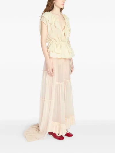 Dries Van Noten Sleeveless Top Elastic Waist Ruffled Neckline In White