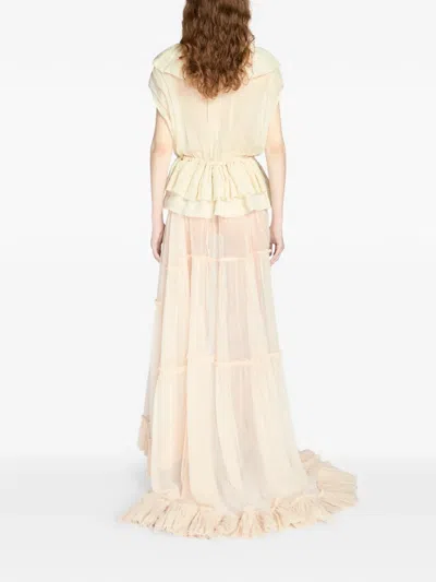 Dries Van Noten Sleeveless Top Elastic Waist Ruffled Neckline In White