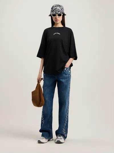 Palm Angels Curved-logo Crew-neck T-shirt In Black
