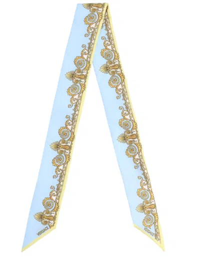 Versace Spring Barocco Silk Twill Rectangular Scarf In Blue