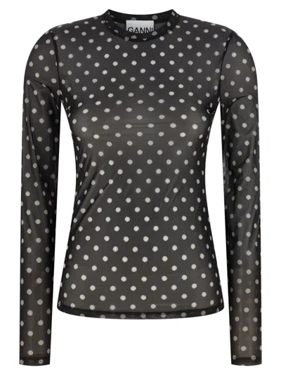 Ganni Sheer Polka Dot Long Sleeve Crew Sweater In Multi