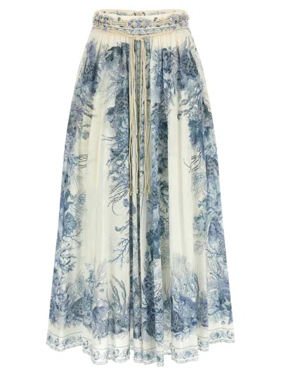 Zimmermann Wanderlust Belted Pleated Printed Cotton Maxi Skirt In Blue
