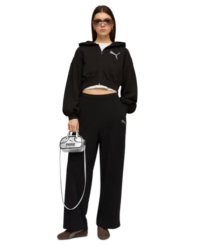 Puma Essentials Bedazzled Rhinestone Embellished Cropped Graphic Hoodie In Black