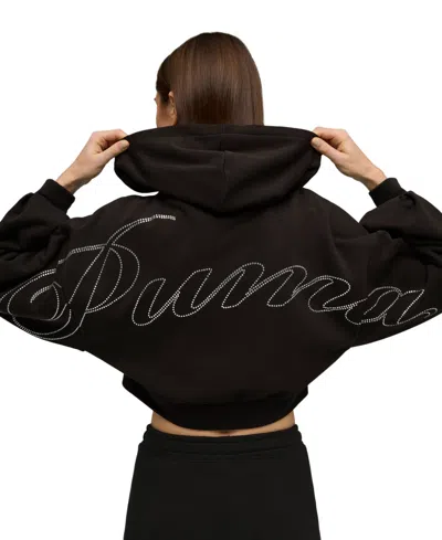 Puma Essentials Bedazzled Rhinestone Embellished Cropped Graphic Hoodie In Black