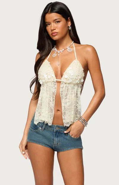 Edikted Sequin Lace Split Front Backless Top In White