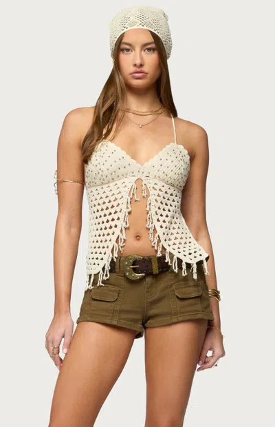 Edikted Maggie Bead Split Front Backless Crochet Top In Neutral