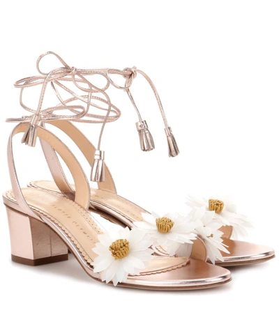 Charlotte Olympia Olympia Tara Metallic Flower Embellished Ankle Tie Sandals In Rose Gold
