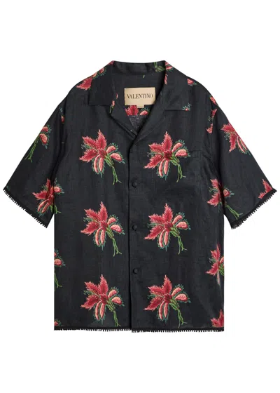 Valentino Camp Collar Shirt Floral Pattern Short Sleeves In Blue