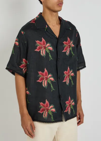 Valentino Camp Collar Shirt Floral Pattern Short Sleeves In Blue