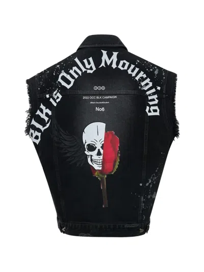 Ordinary Couture Code Skull Biker Denim Vest In Black